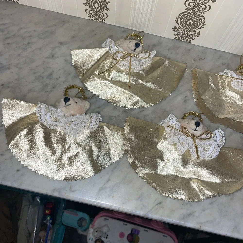 Set Of 5 Handmade Crafted Gold Angel Halo Plush Bears White Lace Collar Ornament